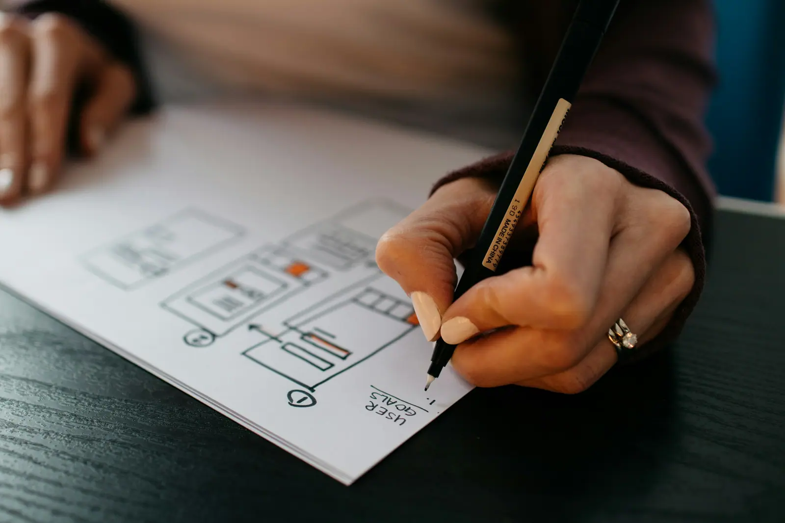Mano dibujando bocetos de interfaces y diagramas de navegación sobre papel